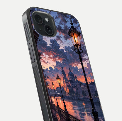 Twilight River Lights Glass Case for iPhone 15 Plus close-up angled shot highlighting river reflections and color tones
