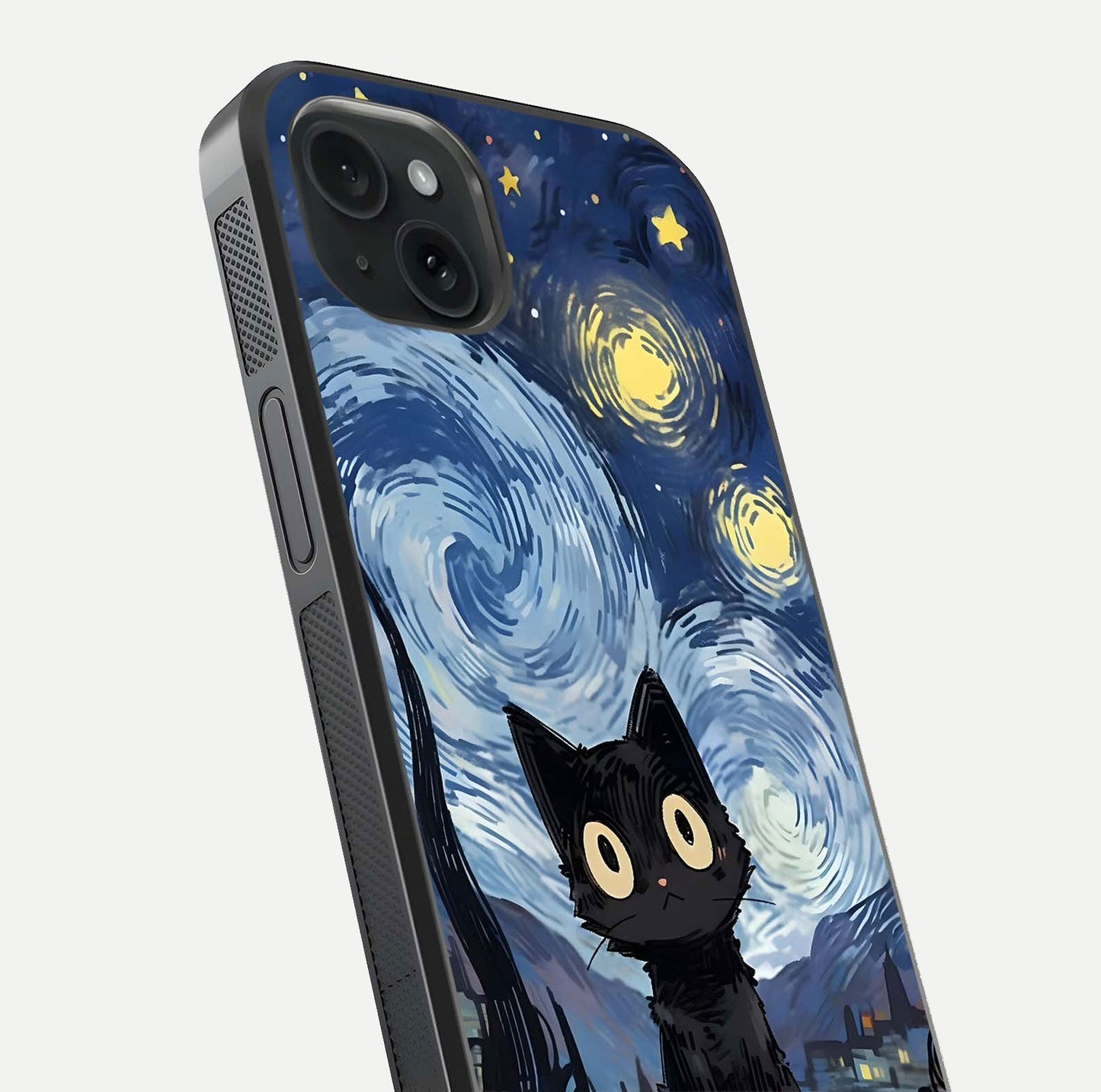 Van Gogh Cat Glass Case for iPhone 15 Plus close-up angled shot highlighting brushstroke texture and reflection