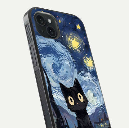 Van Gogh Cat Glass Case for iPhone 15 Plus close-up angled shot highlighting brushstroke texture and reflection