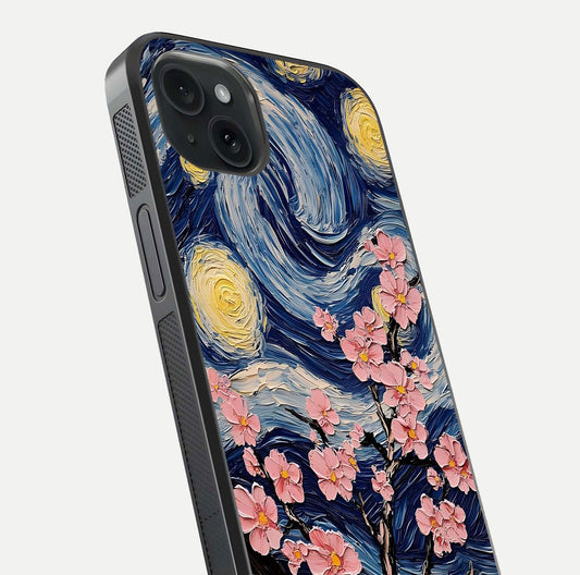 Van Gogh Scenery Glass Case for iPhone 15 Plus close-up angled shot highlighting brushwork texture and color depth