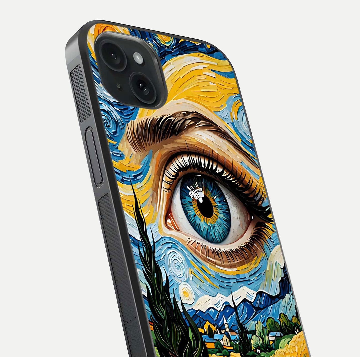 Van Gogh Eye Glass Case for iPhone 15 Plus close-up angled shot highlighting color blend and gloss reflection