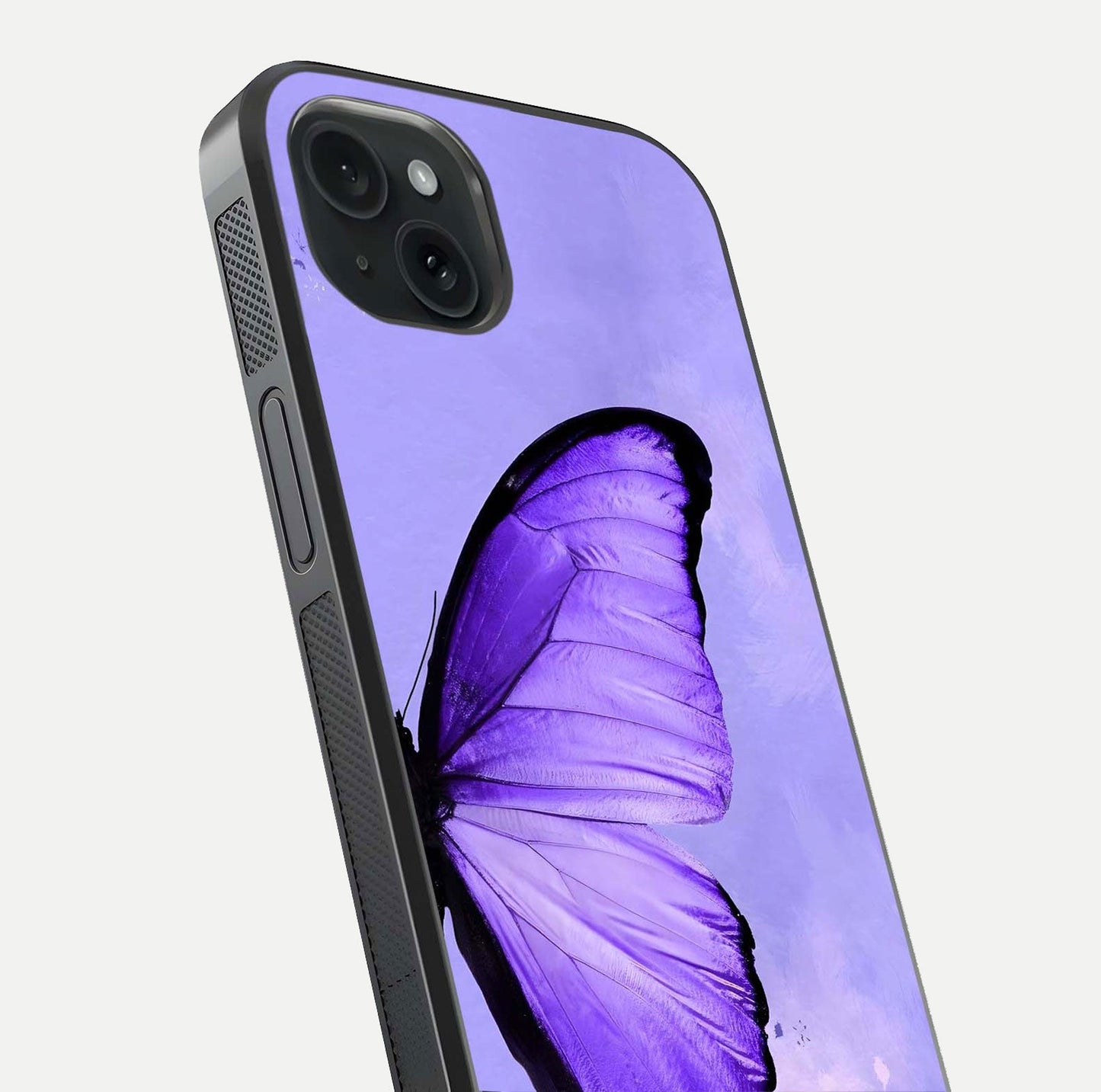 Violet Dream Wing Glass Case for iPhone 15 Plus close-up angled shot highlighting wing texture and reflection