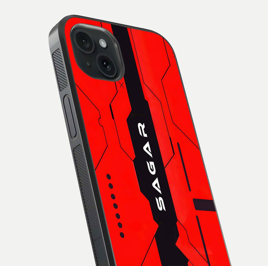 Voltage Rise CYBERPUNK Custom Name Glass Case for iPhone 15 Plus close-up angled shot highlighting neon glow and reflection