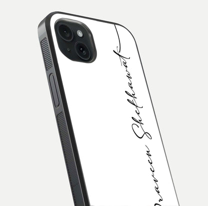 White Tune Custom Name Glass Case for iPhone 15 Plus close-up angled shot highlighting gloss reflection and texture