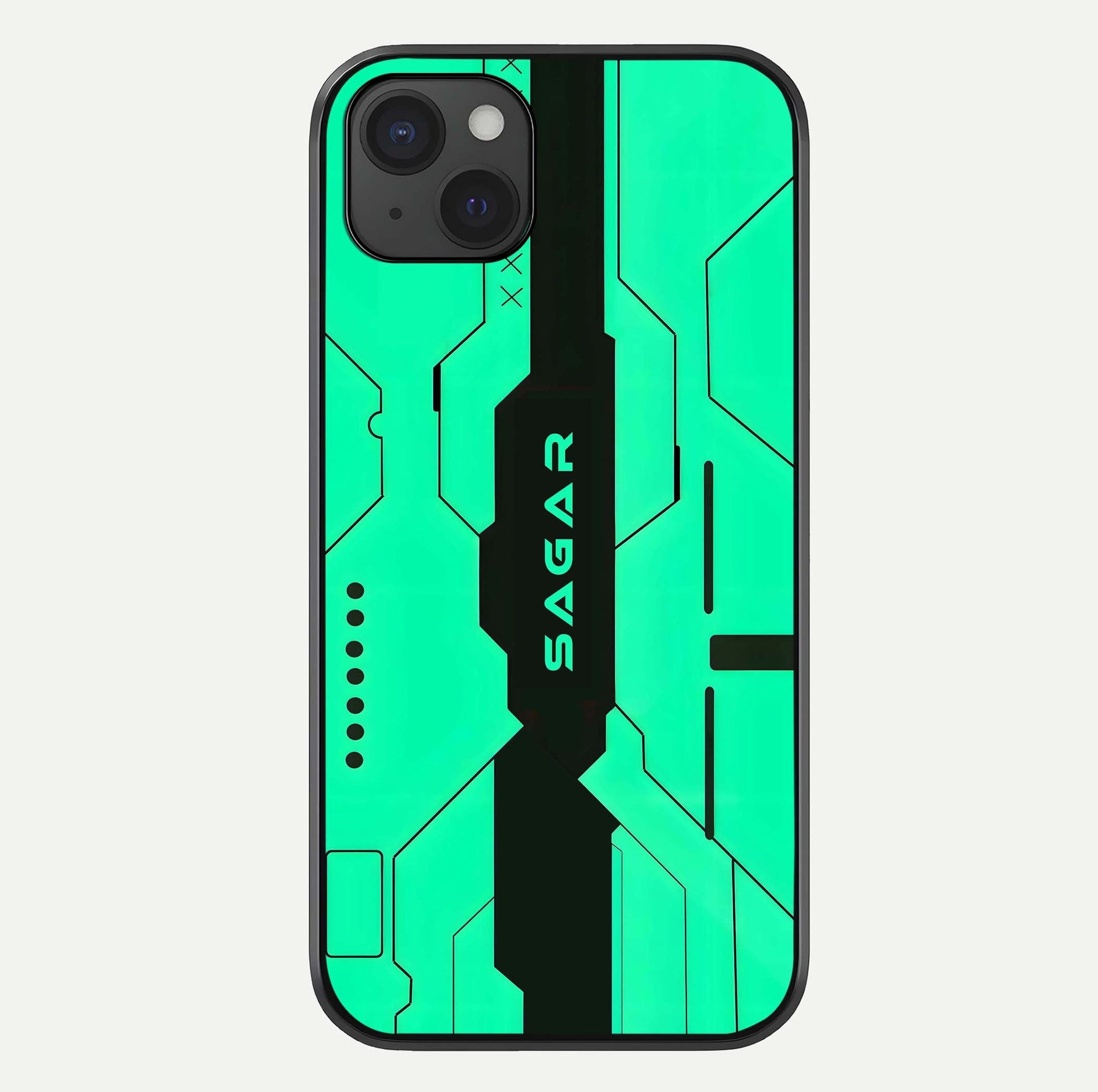 Aqua Tech CYBERPUNK Custom Name Glass Case For iPhone 15 Plus by Custom World