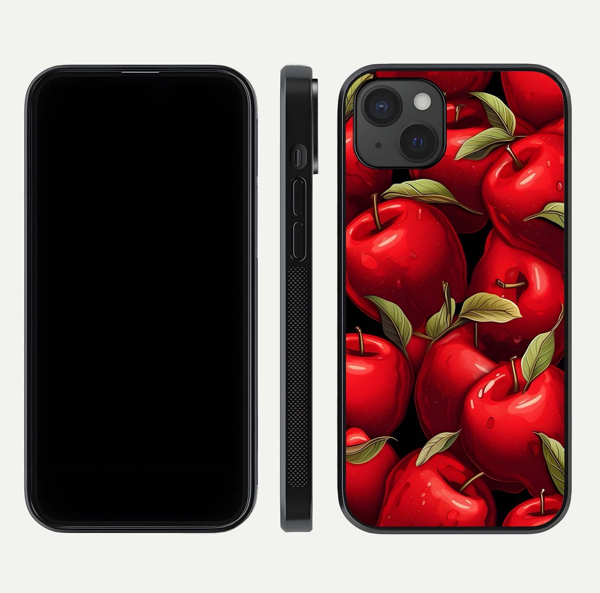 Apple Pattern Glass Case for iPhone 15 Plus front and back layout highlighting clean lines and protective glass finish