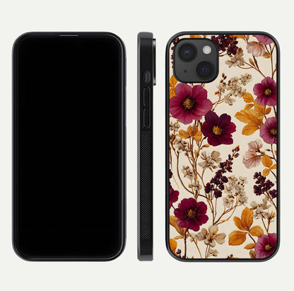 Autumn Wine Bloom Glass Case for iPhone 15 Plus front and back layout showing autumn print and HD glass clarity