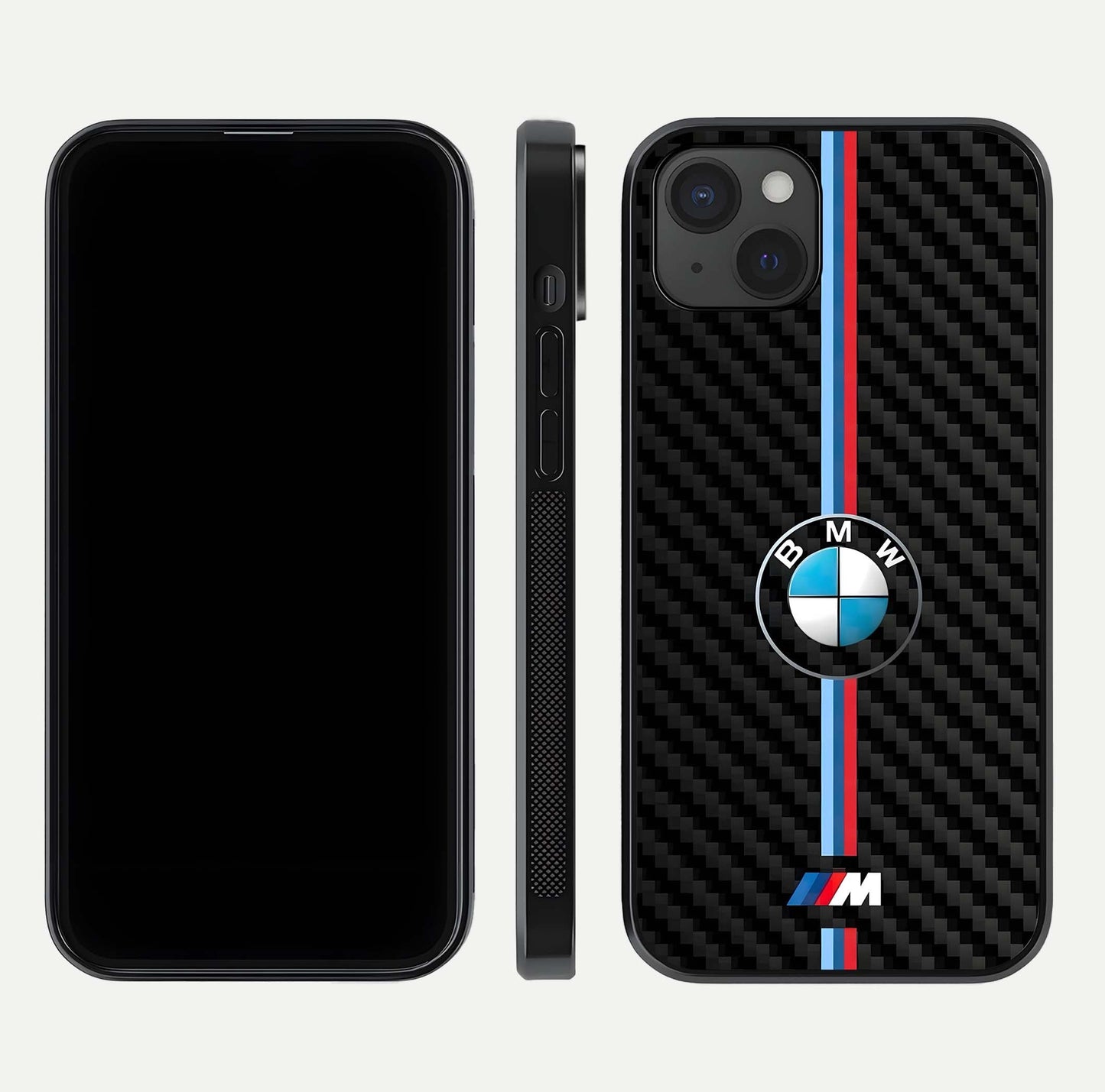 BMW Pattern Glass Case for iPhone 15 Plus front-and-back layout displaying car-themed art and premium glass gloss