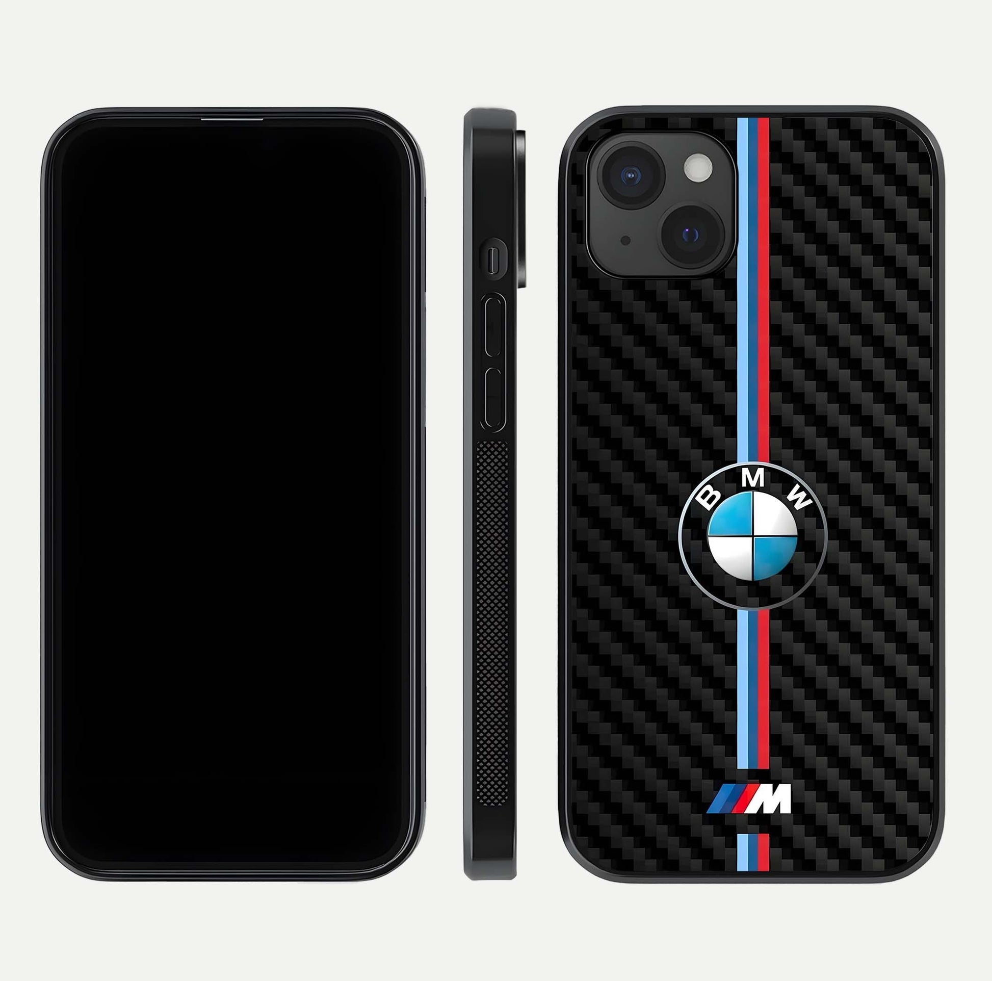 BMW Pattern Glass Case for iPhone 15 Plus front-and-back layout displaying car-themed art and premium glass gloss