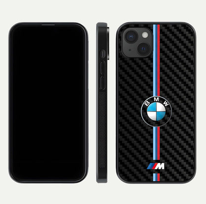 BMW Pattern Glass Case for iPhone 15 Plus front-and-back layout displaying car-themed art and premium glass gloss