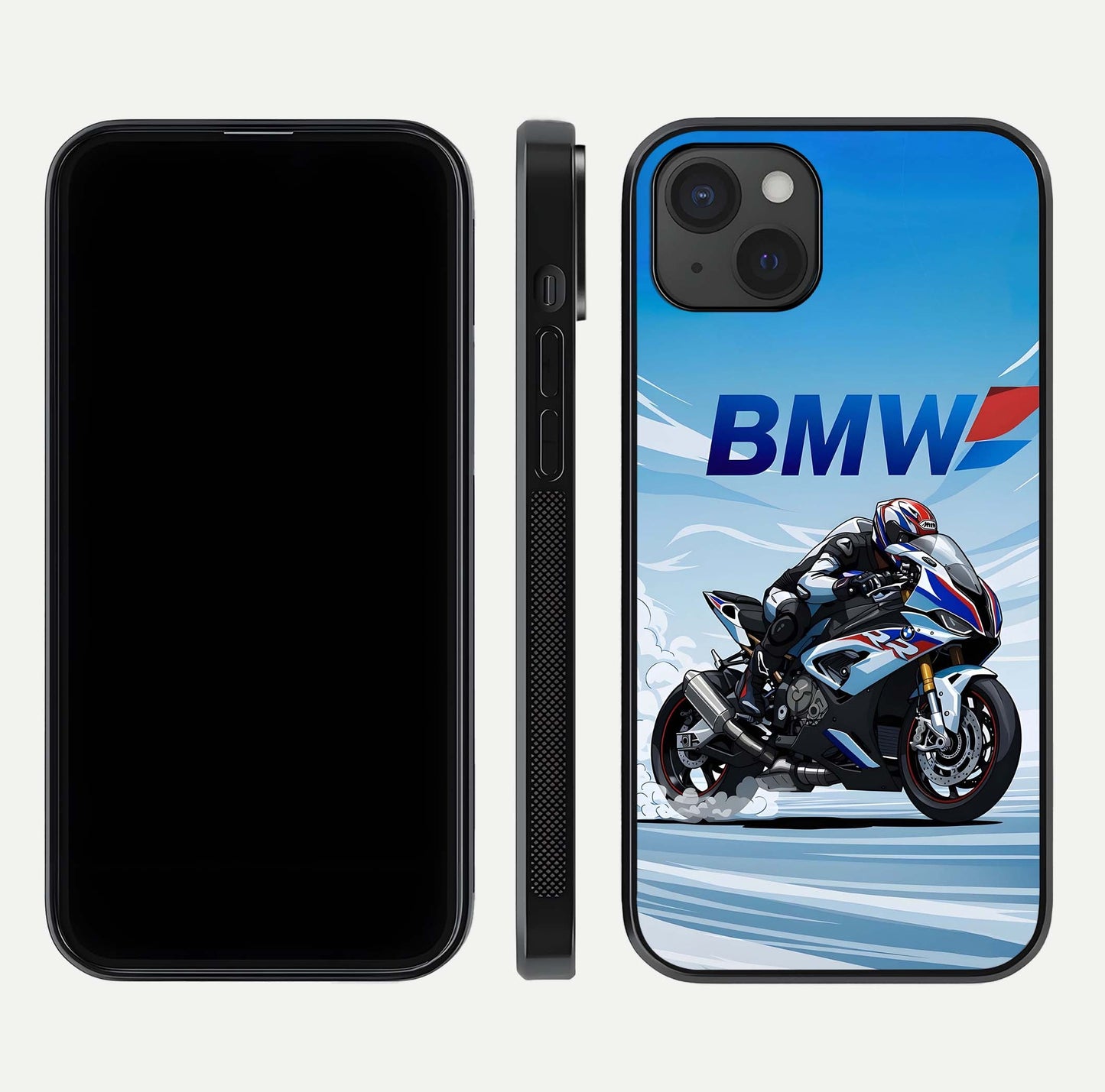 BMW Power Drift Glass Case for iPhone 15 Plus dual-view layout showing energy pattern and edge clarity