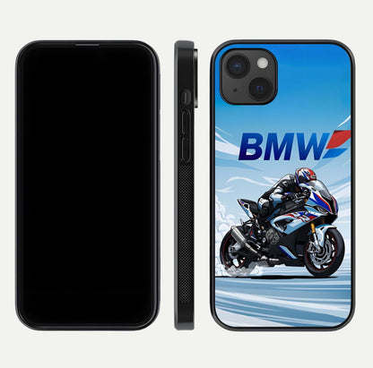 BMW Power Drift Glass Case for iPhone 15 Plus dual-view layout showing energy pattern and edge clarity