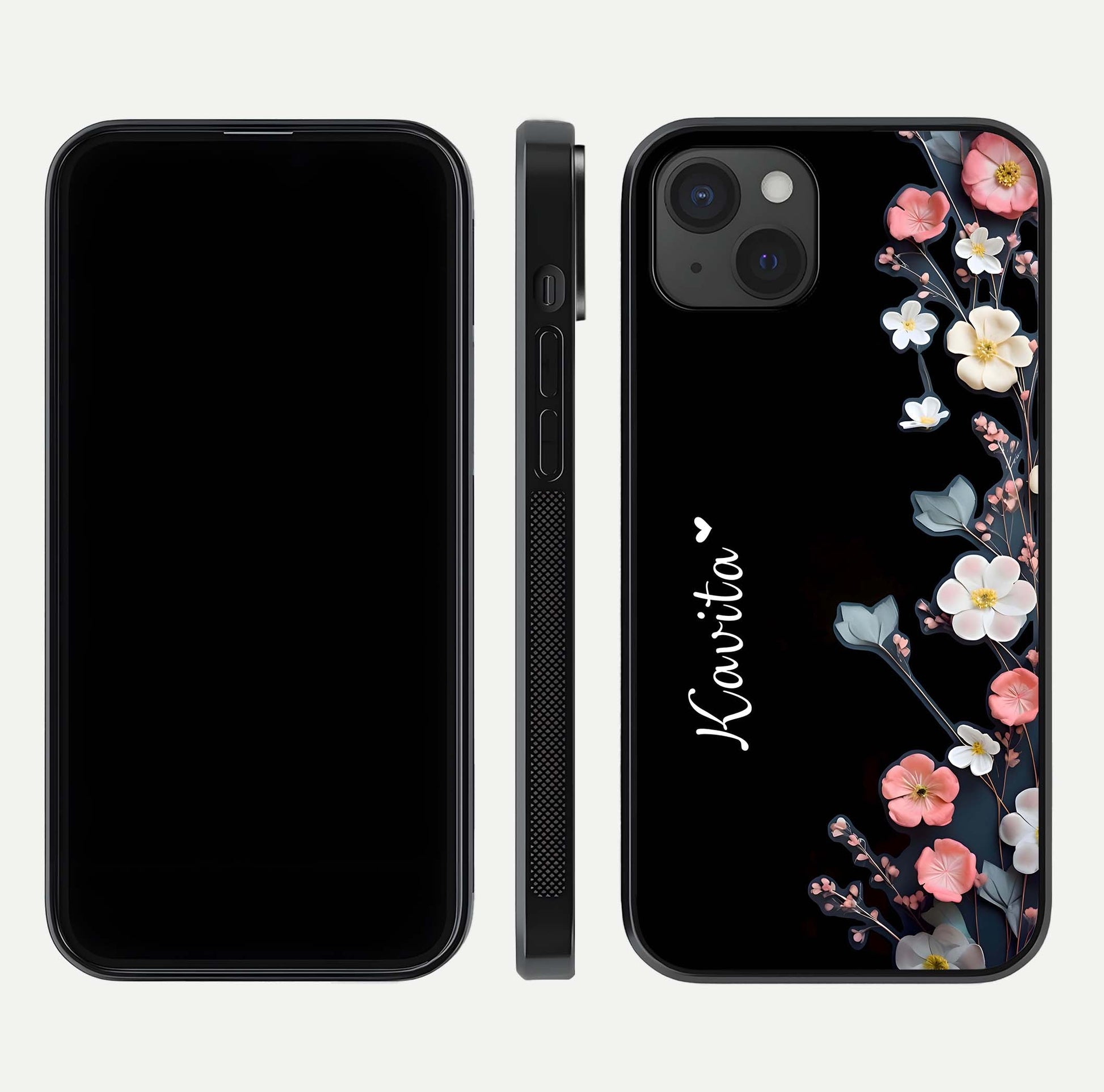 Black Elegance Floral Custom Name Glass Case for iPhone 15 Plus dual-view layout displaying name placement and gloss finish