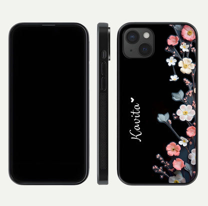 Black Elegance Floral Custom Name Glass Case for iPhone 15 Plus dual-view layout displaying name placement and gloss finish