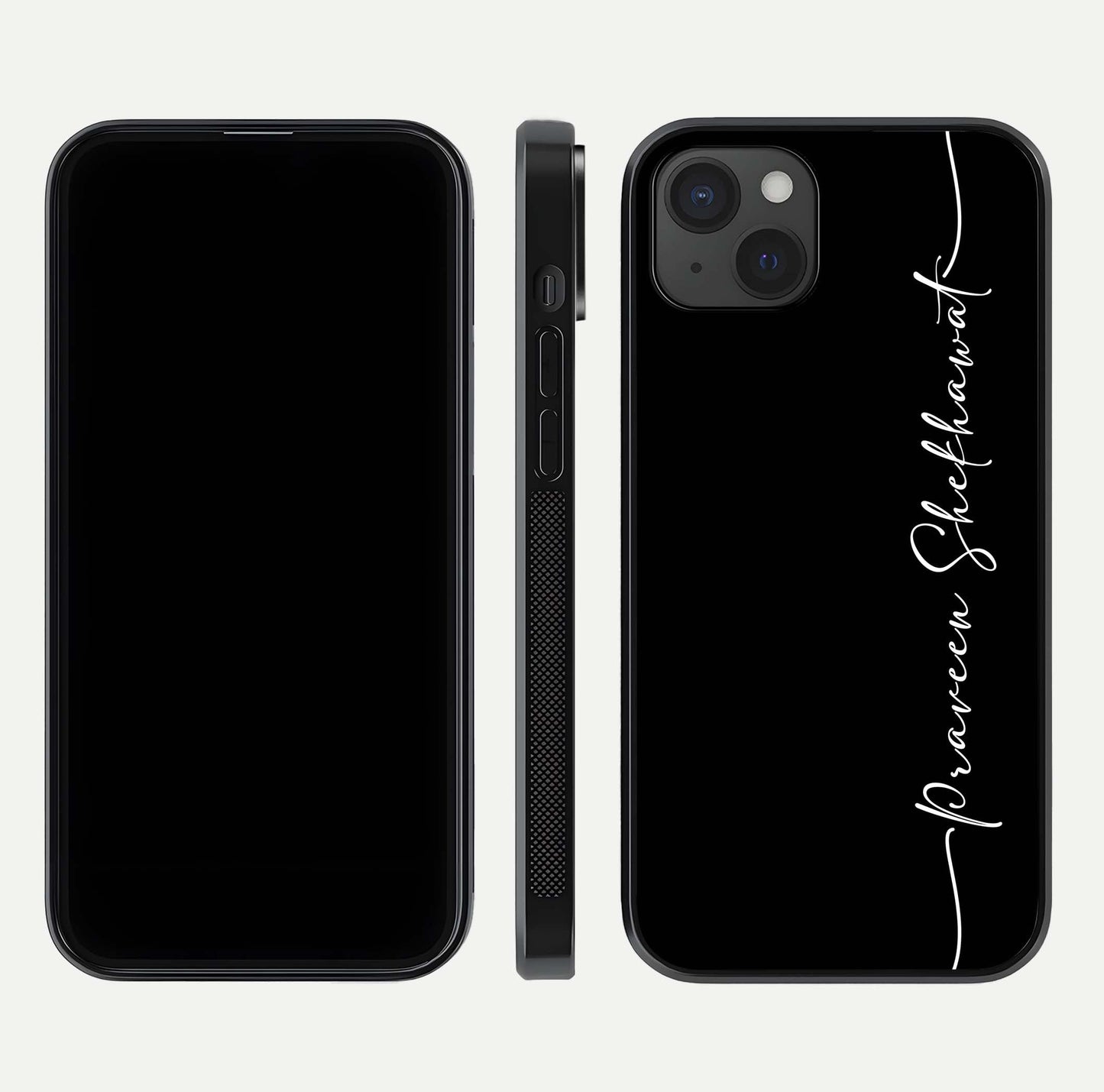 Black Tune Custom Name Glass Case for iPhone 15 Plus front-and-back layout showing personalized name zone and edges
