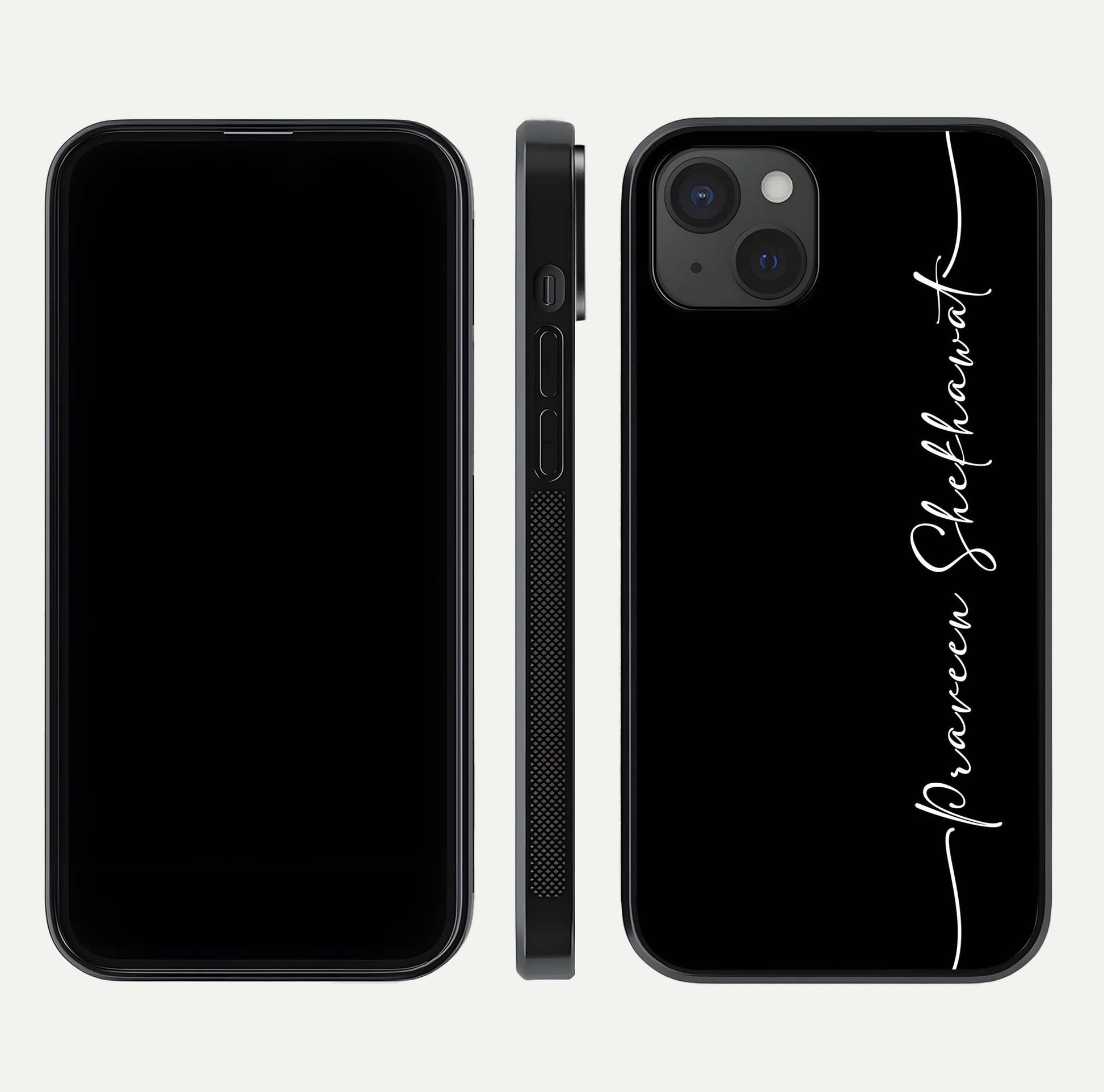 Black Tune Custom Name Glass Case for iPhone 15 Plus front-and-back layout showing personalized name zone and edges