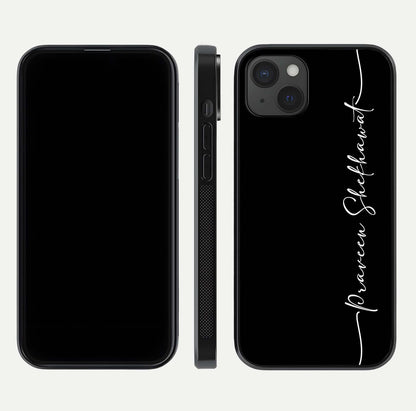 Black Tune Custom Name Glass Case for iPhone 15 Plus front-and-back layout showing personalized name zone and edges