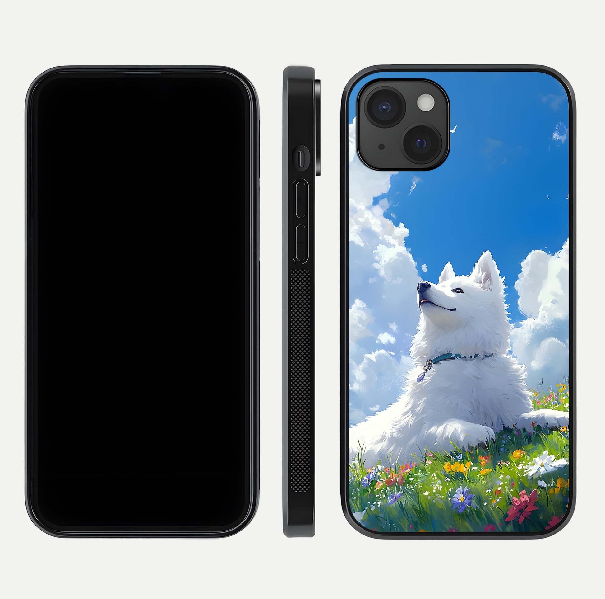 Blissful Cloud Pup Glass Case for iPhone 15 Plus front-and-back layout showing art alignment and edge design