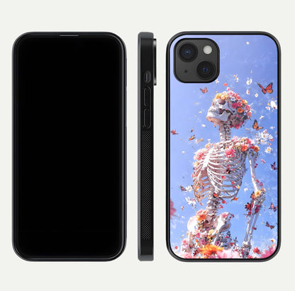 Bloom Beyond Bones Glass Case for iPhone 15 Plus dual-view layout showing creative aesthetic and edge design