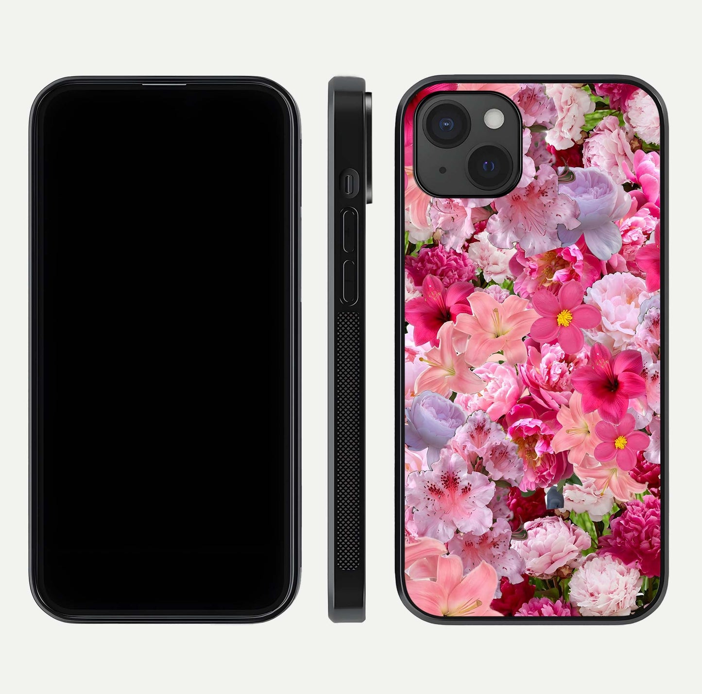Bloom Crush Fantasy Glass Case for iPhone 15 Plus dual-view layout highlighting edges and premium shine