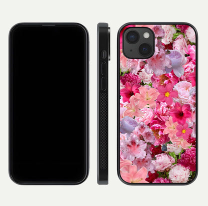 Bloom Crush Fantasy Glass Case for iPhone 15 Plus dual-view layout highlighting edges and premium shine