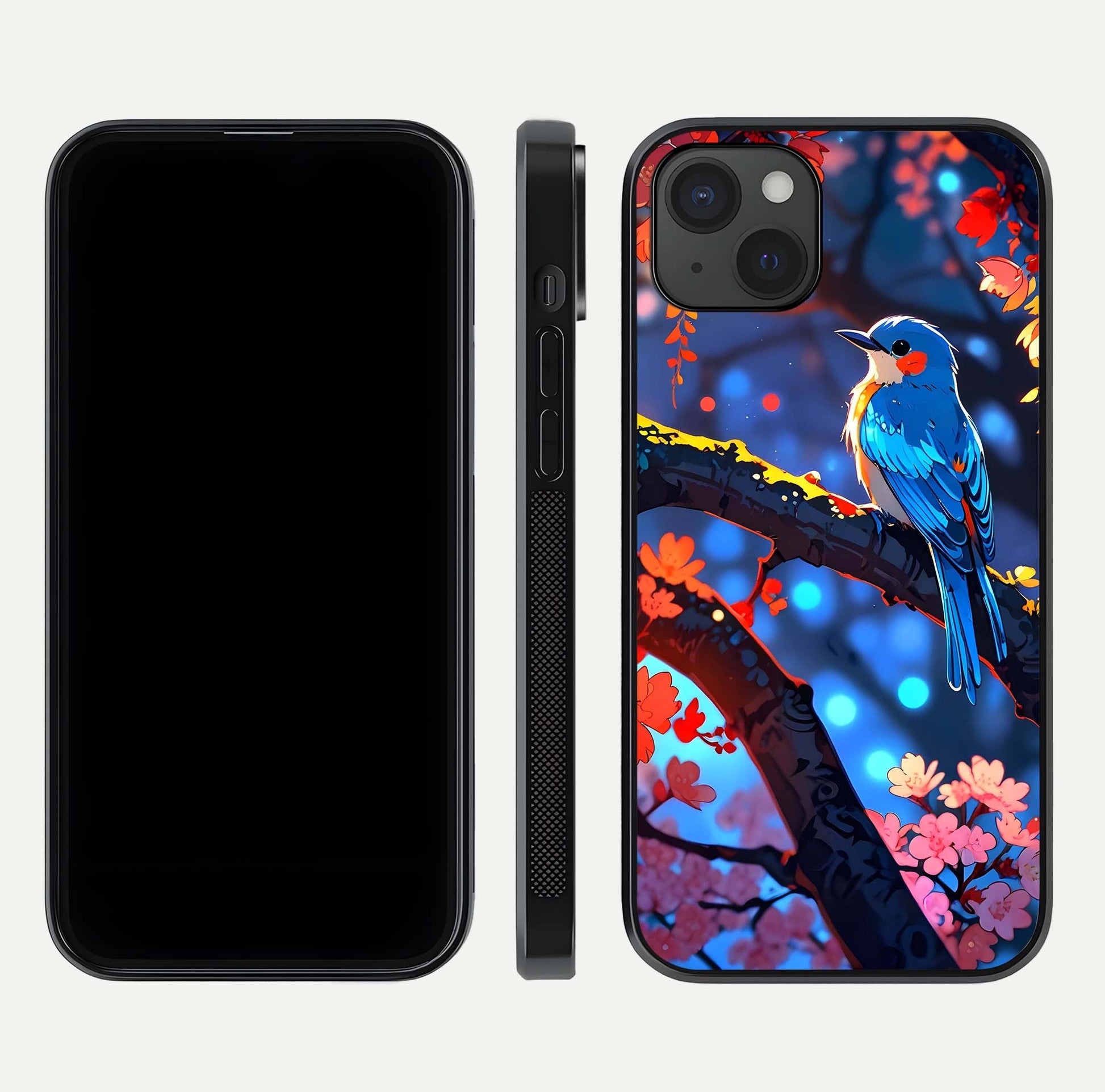 Blooming Spendor Bird Glass Case for iPhone 15 Plus front-and-back view showing nature print and protective edge
