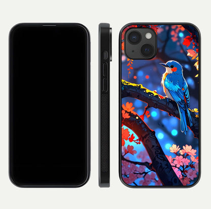 Blooming Spendor Bird Glass Case for iPhone 15 Plus front-and-back view showing nature print and protective edge