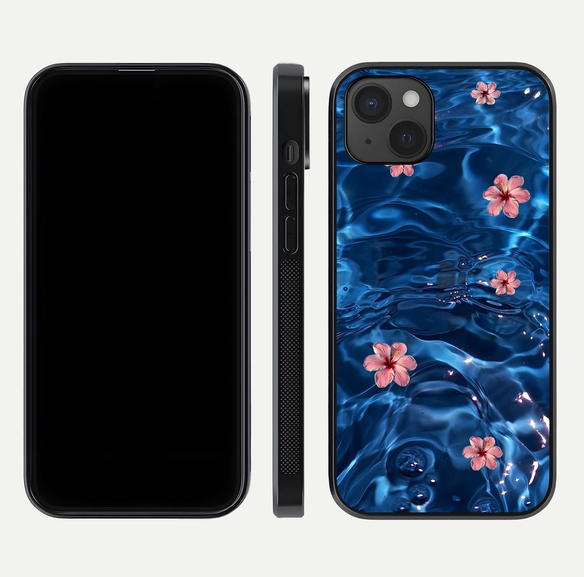 Blooming Water Drift Glass Case for iPhone 15 Plus front-and-back layout highlighting edge design and serene water bloom art