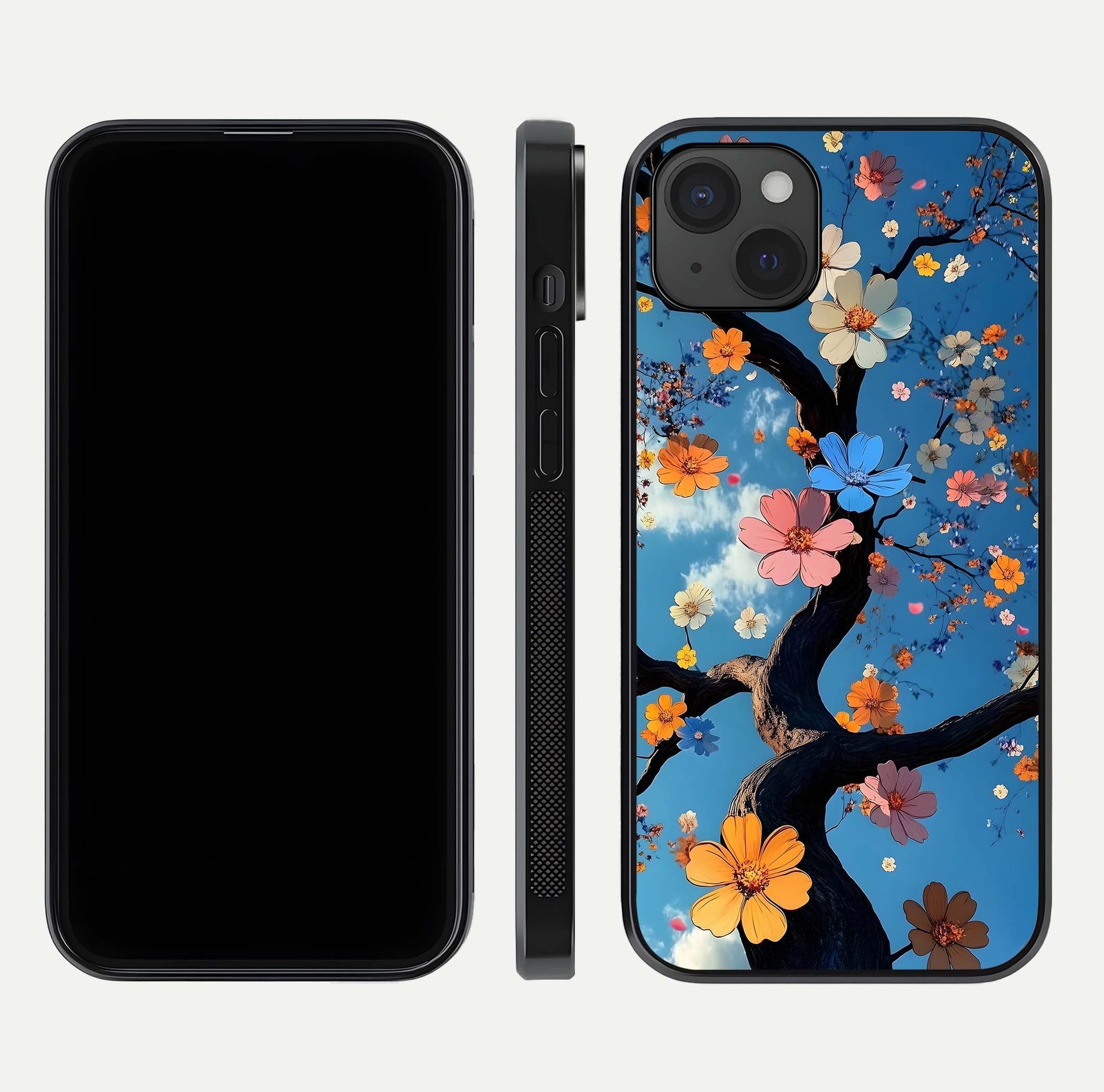 Blossom Dream Sky Glass Case for iPhone 15 Plus front-and-back layout showing floral print and premium edge gloss