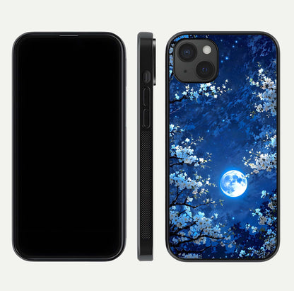 Blossom Moonlight Sky Glass Case for iPhone 15 Plus dual-view layout highlighting sky gradient and floral composition