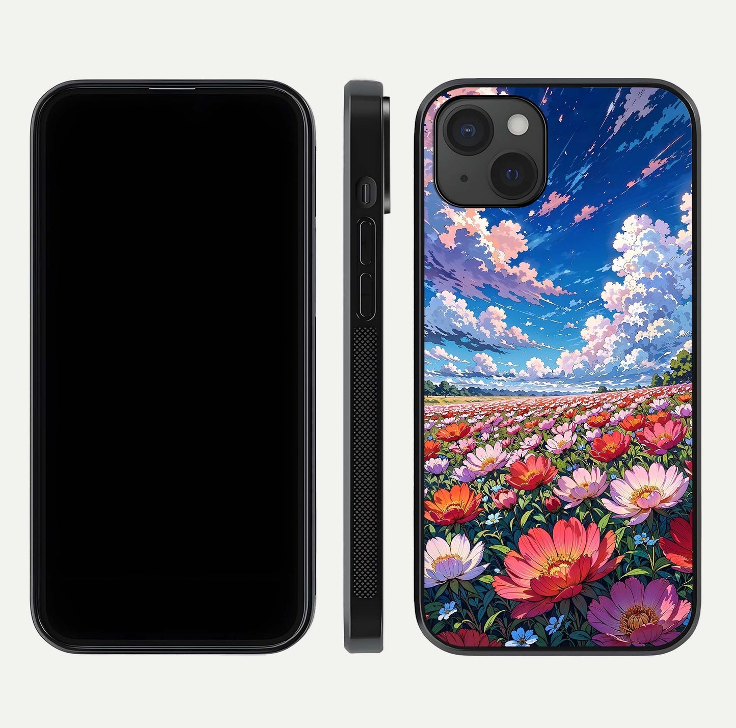 Blossom Sky Field Glass Case for iPhone 15 Plus front-and-back layout highlighting design edges and gloss clarity