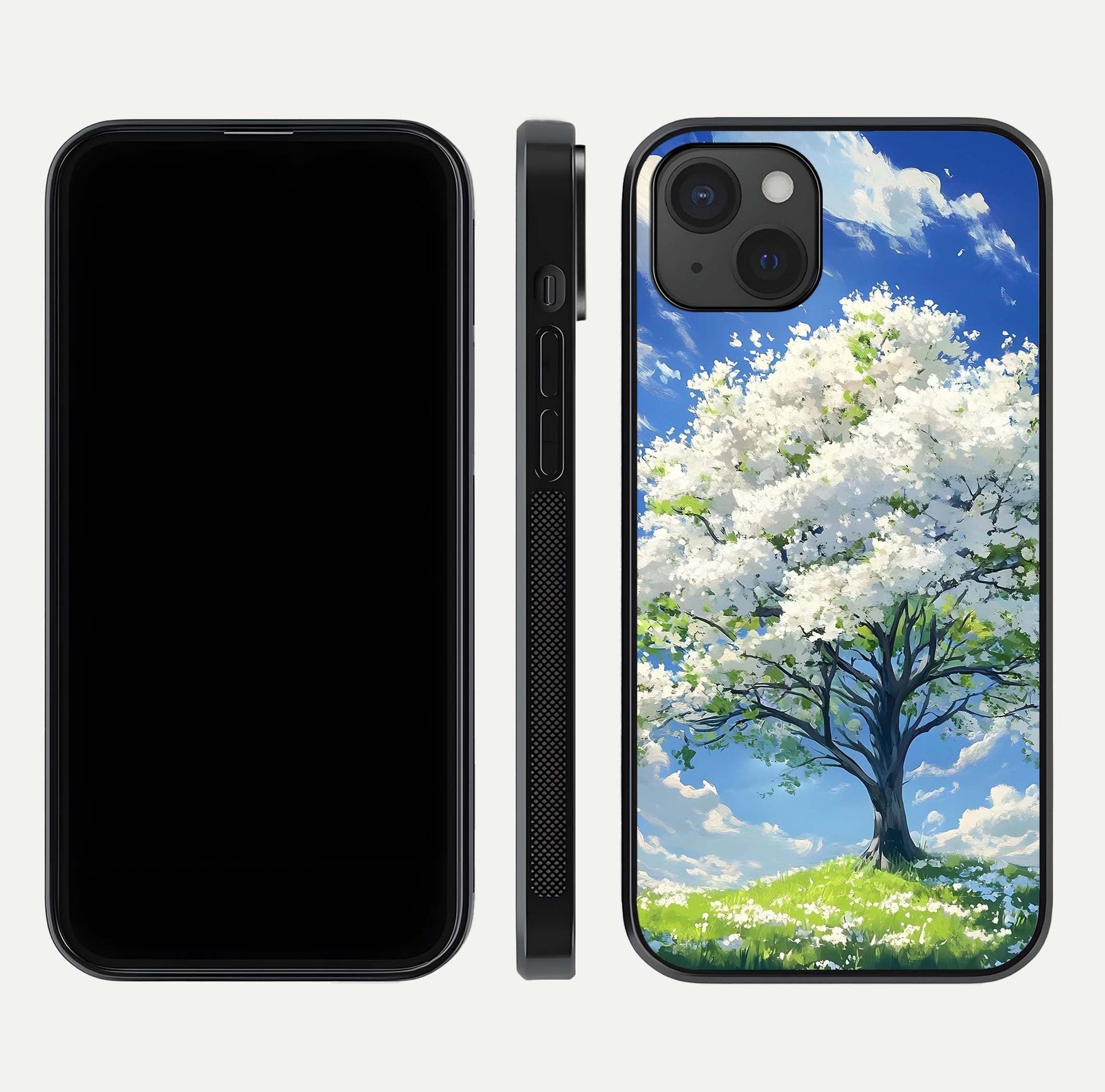 Blossom Sky Serenity Glass Case for iPhone 15 Plus dual-view layout showing pastel hues and soft protective edges