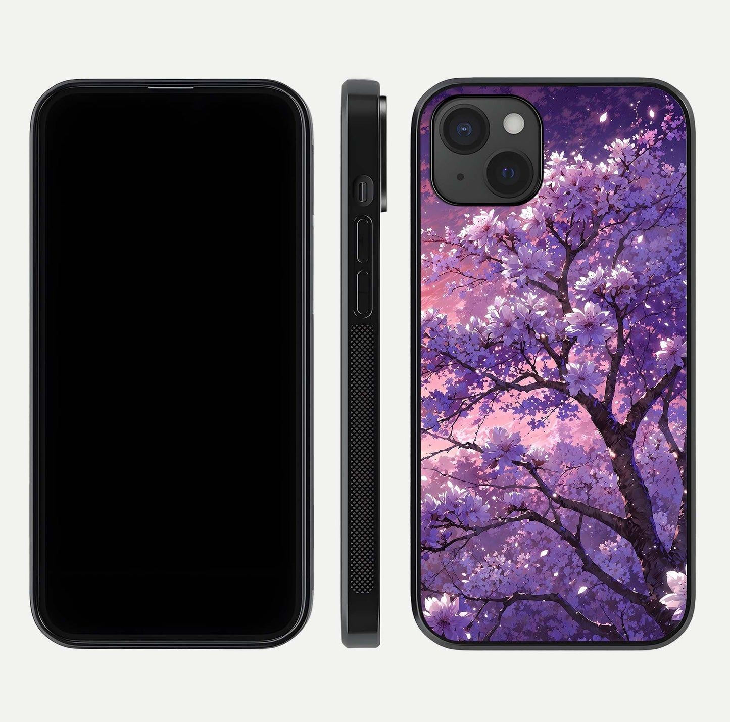 Blossom Tree Glass Case for iPhone 15 Plus front-and-back layout showing art alignment and gloss reflection