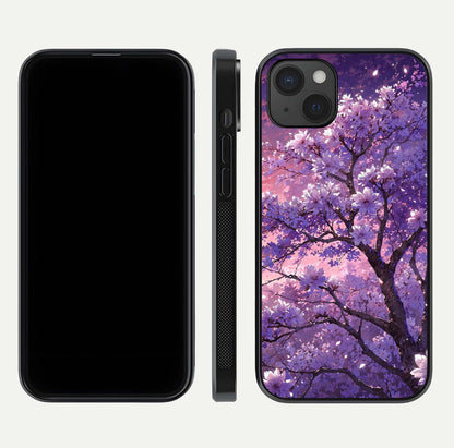 Blossom Tree Glass Case for iPhone 15 Plus front-and-back layout showing art alignment and gloss reflection
