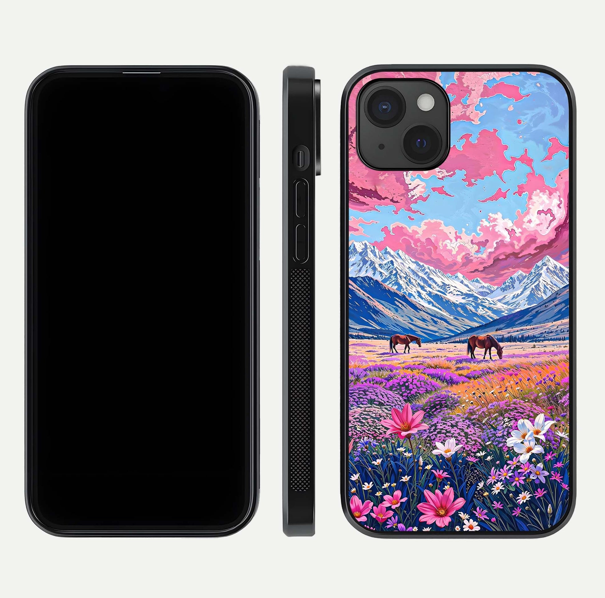 Blossom Valley Dream Glass Case for iPhone 15 Plus front-and-back layout highlighting glossy reflection and edge cut