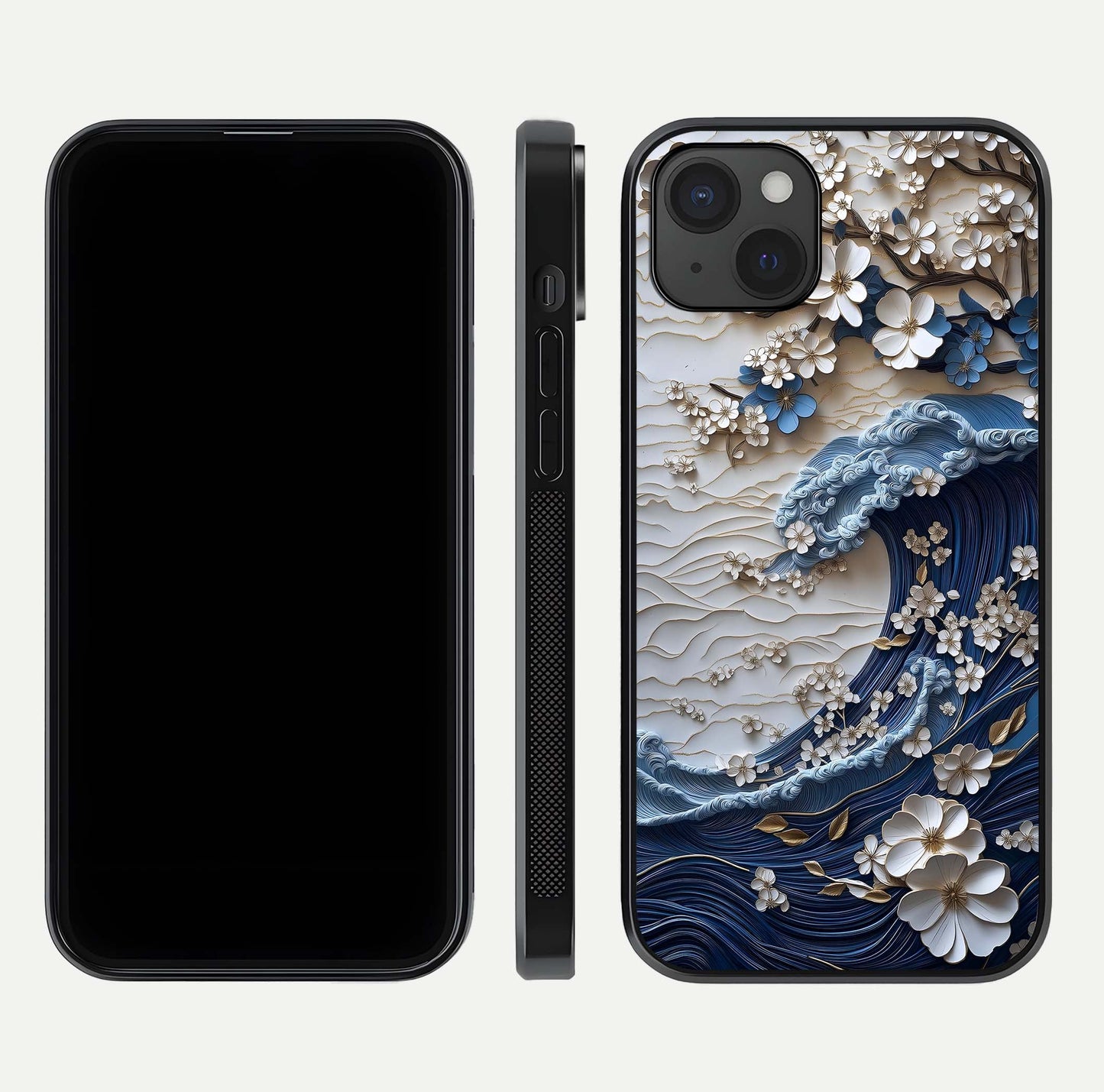 Blossom Wave Art Glass Case for iPhone 15 Plus front-and-back layout showing curved design and glass clarity