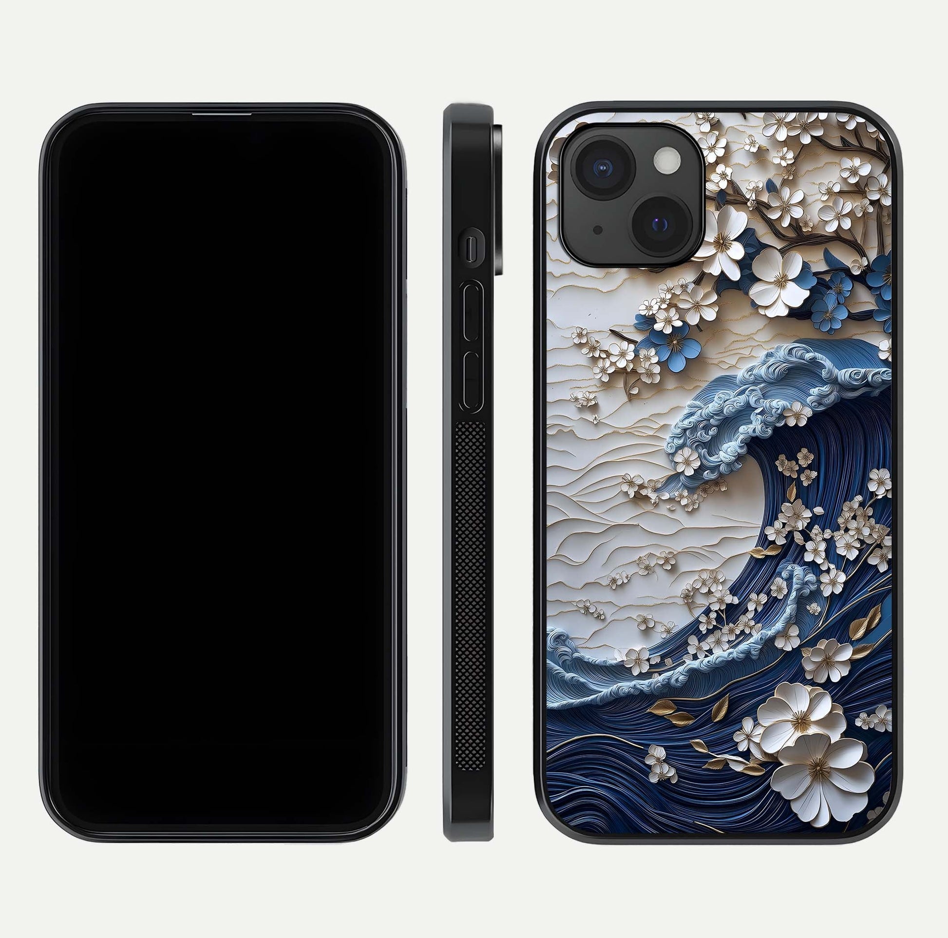 Blossom Wave Art Glass Case for iPhone 15 Plus front-and-back layout showing curved design and glass clarity