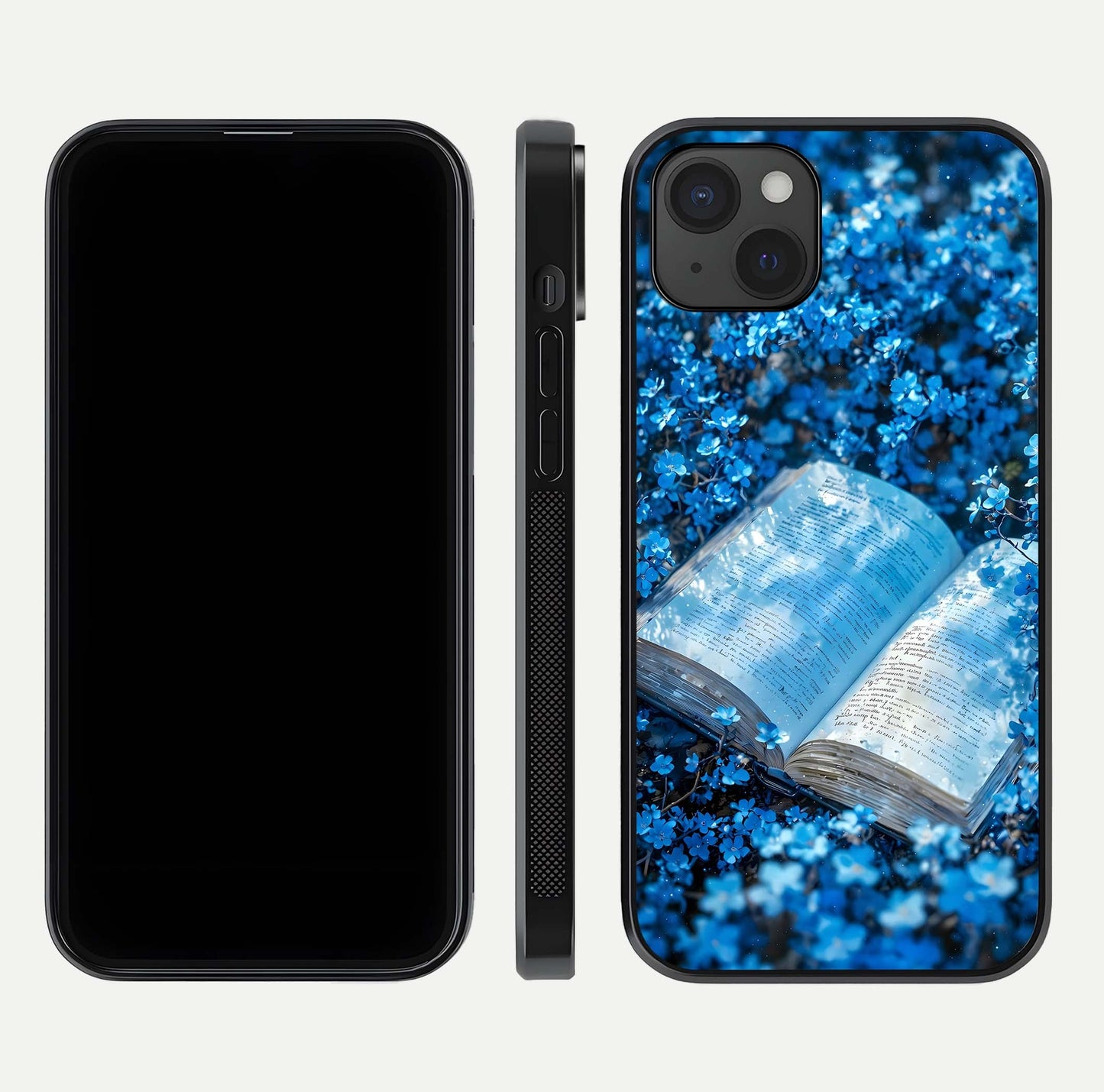 Blue Bloom Tales Glass Case for iPhone 15 Plus dual-view layout highlighting shine, floral print, and smooth edges
