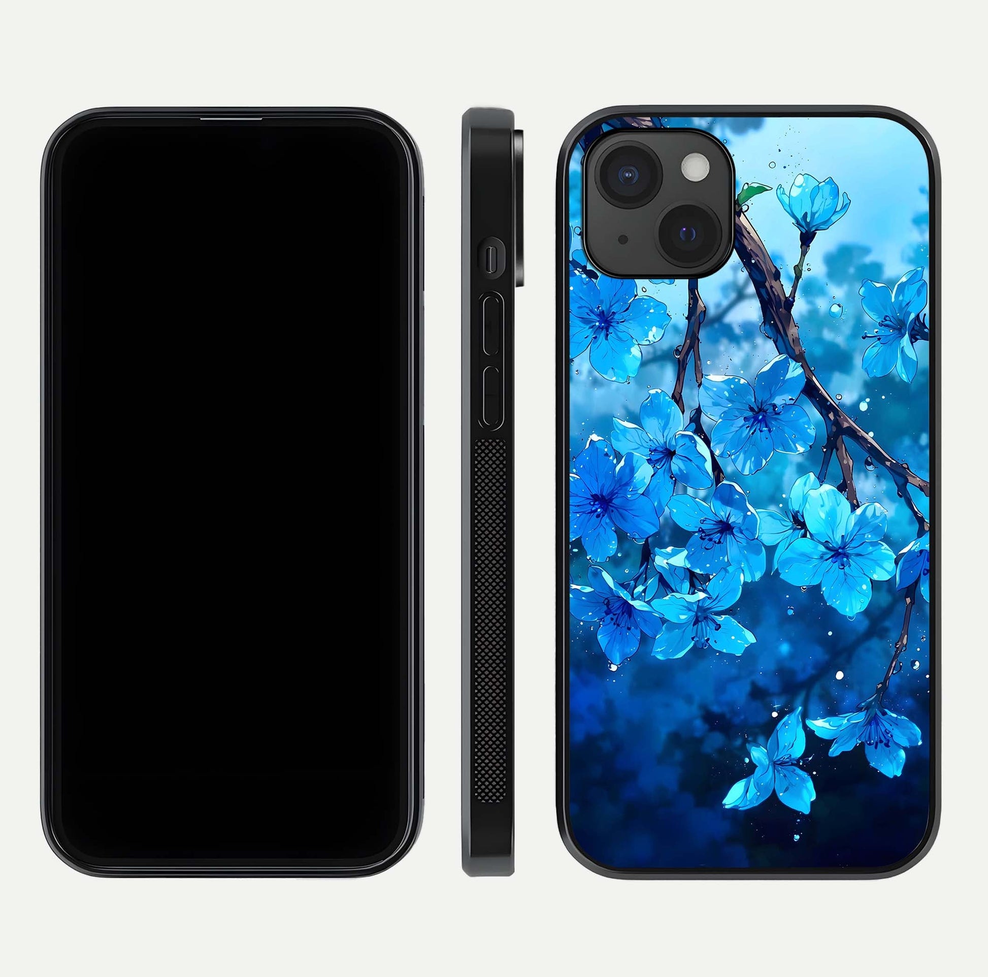 Blue Blossoms Branch Glass Case for iPhone 15 Plus dual-view layout displaying floral art and sleek protective frame