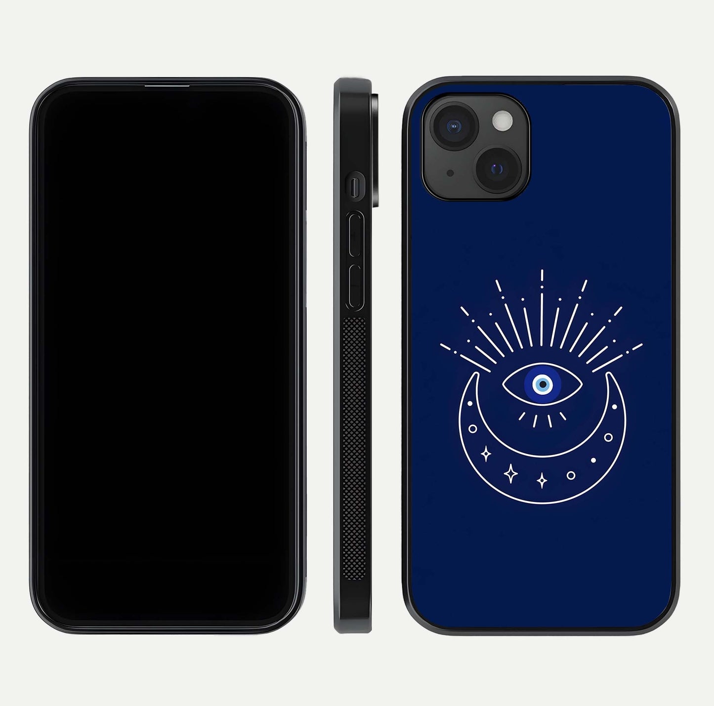 Blue Evil Eye Glass Case for iPhone 15 Plus front-and-back layout showing blue aura design and curved-edge clarity