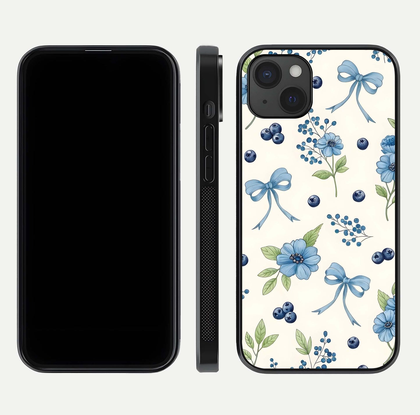 Blue Flower & Bow Glass Case for iPhone 15 Plus dual-view layout showing balanced pattern and smooth edges