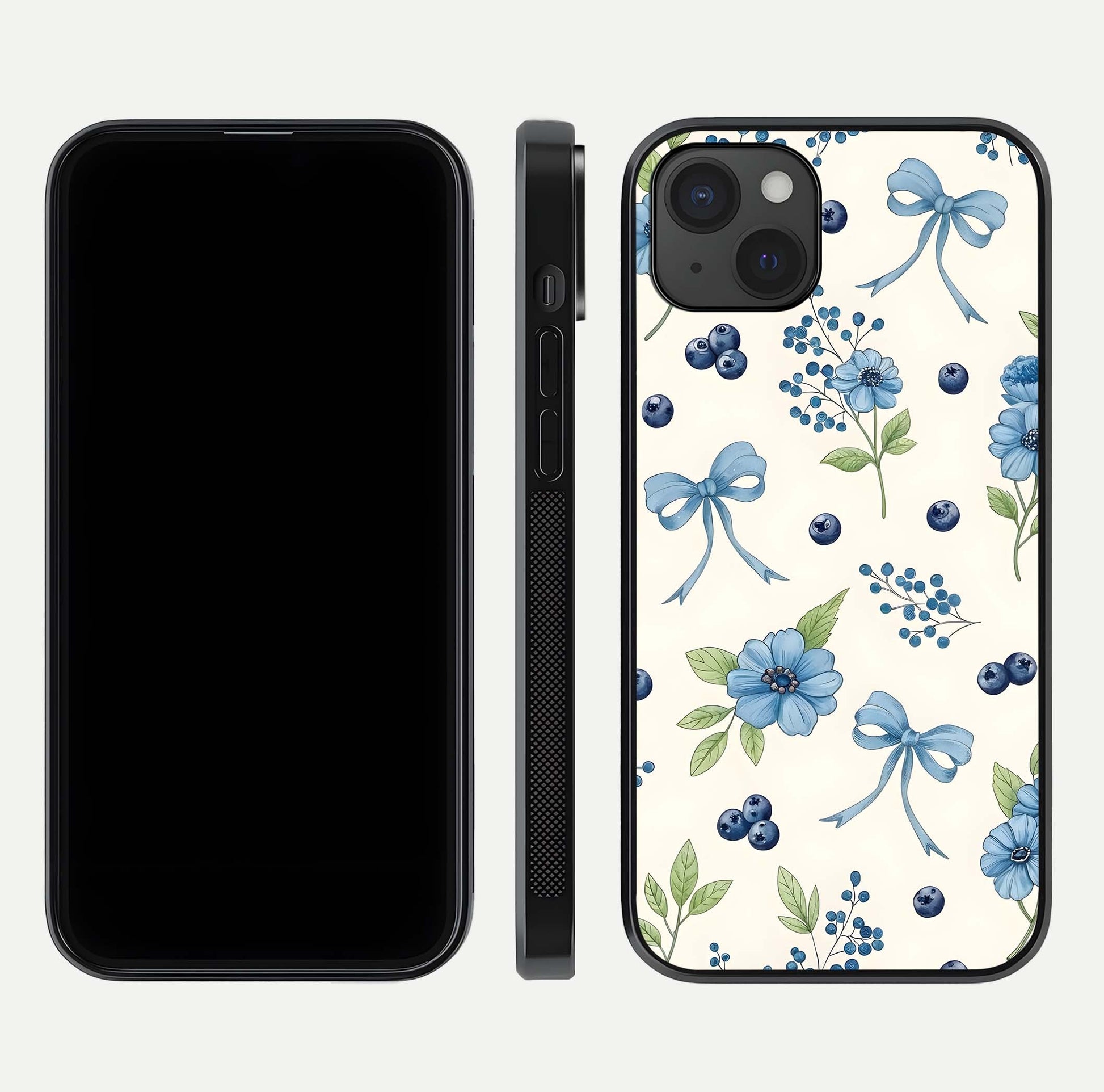 Blue Flower & Bow Glass Case for iPhone 15 Plus dual-view layout showing balanced pattern and smooth edges