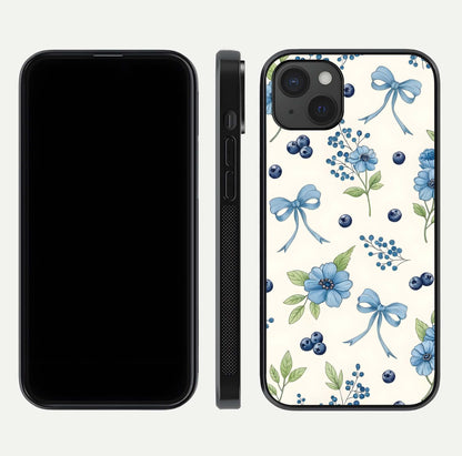 Blue Flower & Bow Glass Case for iPhone 15 Plus dual-view layout showing balanced pattern and smooth edges