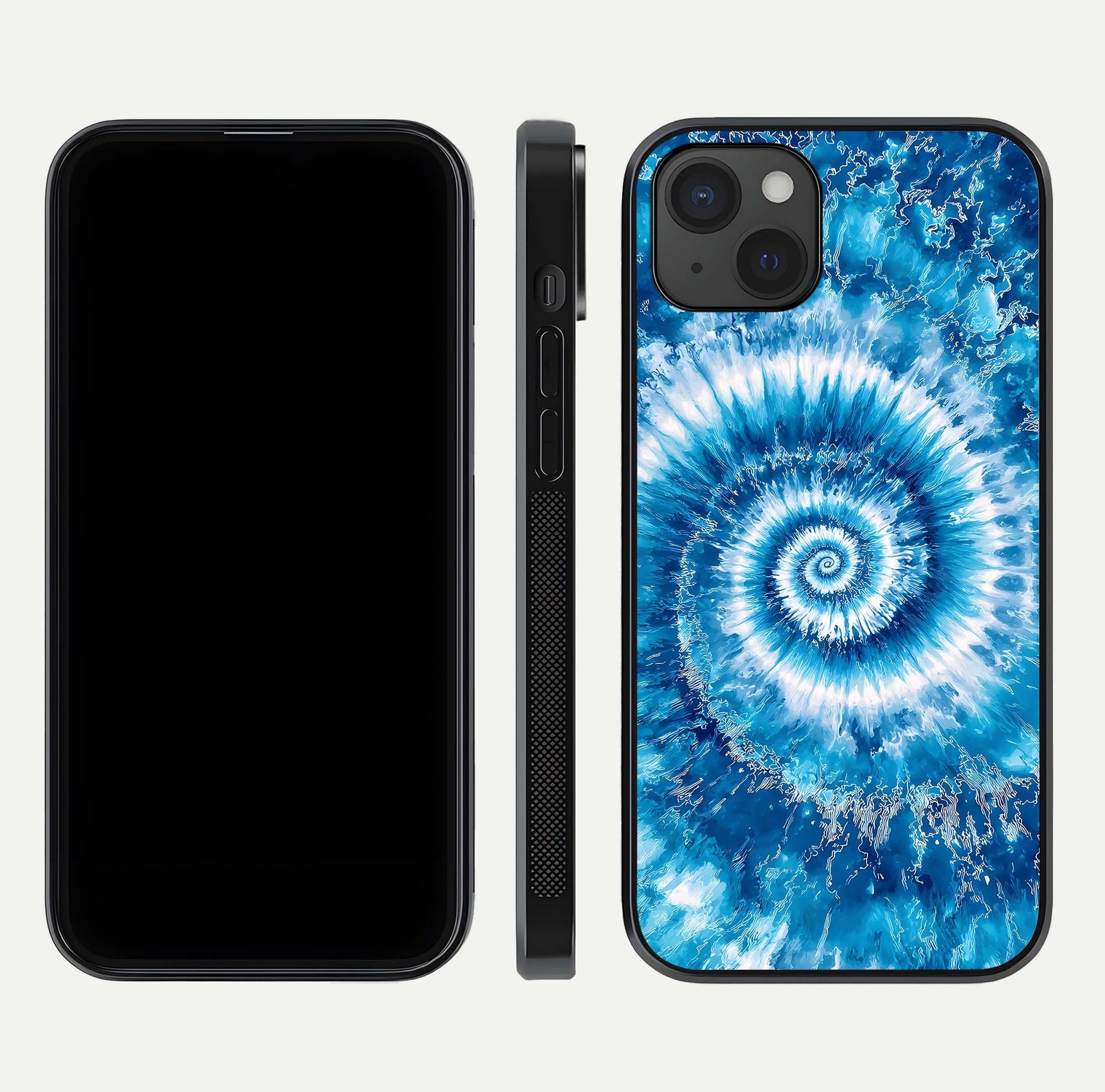 Blue Galaxy Wave Glass Case for iPhone 15 Plus front-and-back layout showing gradient flow and shine clarity