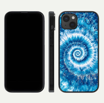 Blue Galaxy Wave Glass Case for iPhone 15 Plus front-and-back layout showing gradient flow and shine clarity