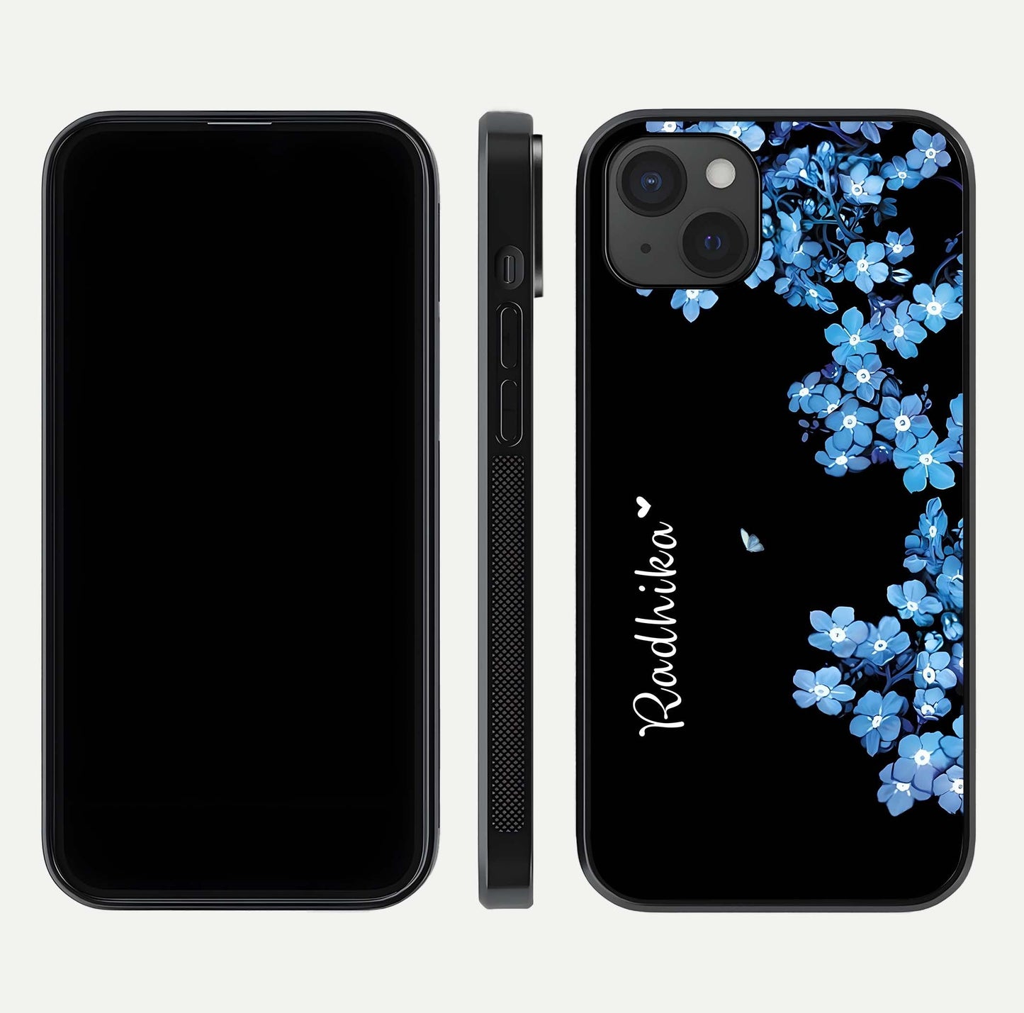 Blue Petal Dream Custom Name Glass Case for iPhone 15 Plus dual-view layout showing text placement and premium finish
