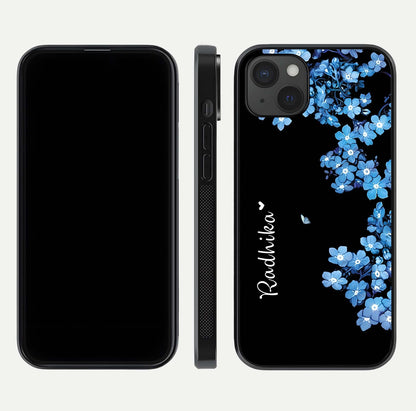 Blue Petal Dream Custom Name Glass Case for iPhone 15 Plus dual-view layout showing text placement and premium finish
