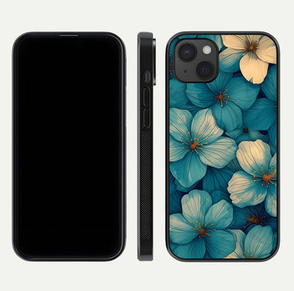 Blue Shade Floral Glass Case for iPhone 15 Plus front-and-back layout displaying bloom contrast and edge polish