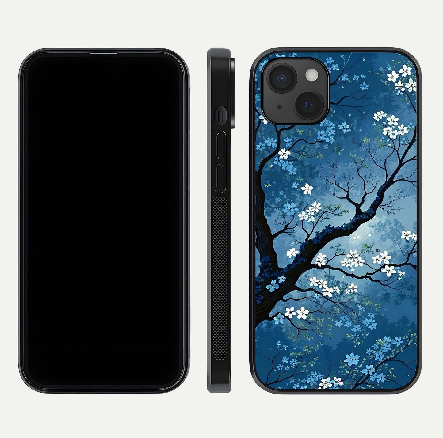 Blue Tree Serenity Glass Case for iPhone 15 Plus front-and-back layout showing gradient background and smooth edges