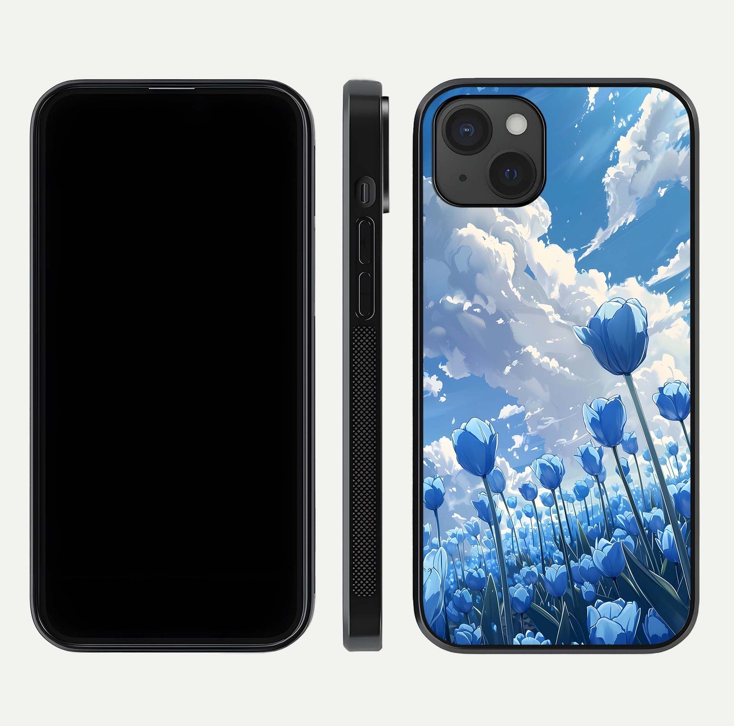 Blue Tulip Clouds Glass Case for iPhone 15 Plus front-and-back layout showcasing floral detail and polished edges